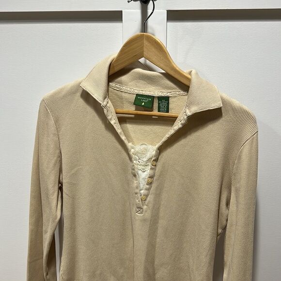 Long sleeve tan 3/4 button up Henley, vintage size large - Picture 5 of 8